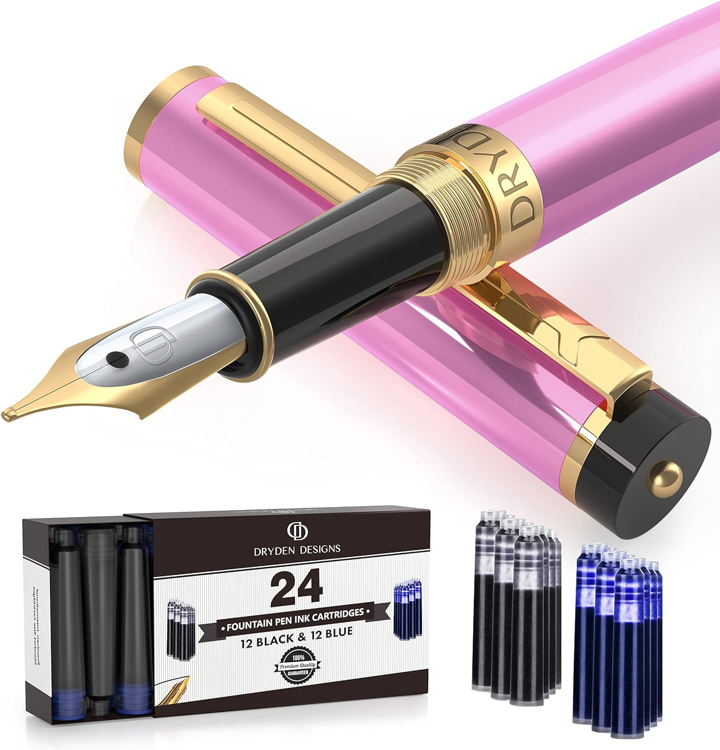 Dryden Designs Fountain Pen - Medium Nib 0.5mm | Includes 24 Ink Cartridges (12