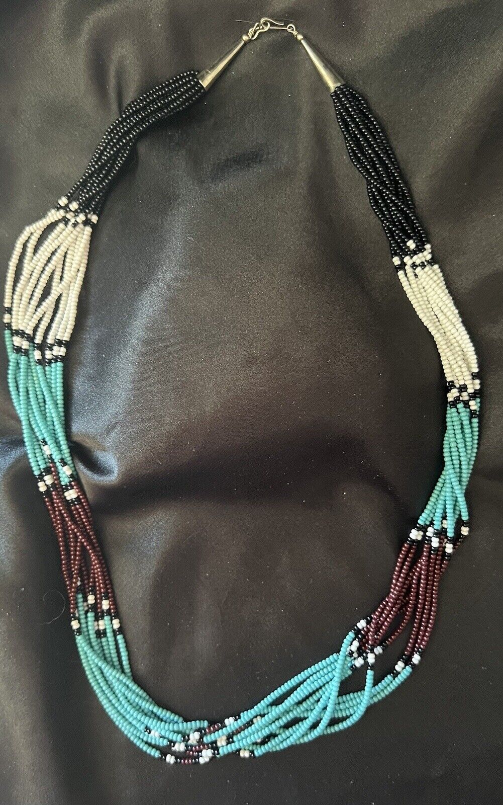 NATIVE AMERICAN STERLING SILVER TURQUOISE BLACK ONYX STONE BEAD NECKLACE