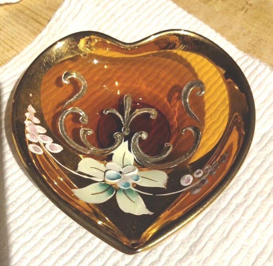 Vintage Antique Bohemian 24k gold amber Czech Glass Heart-shaped trinket Dish