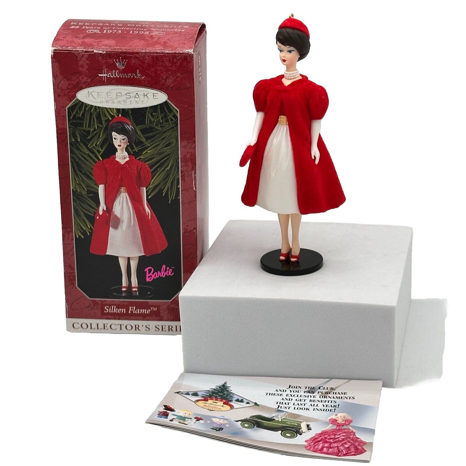 Vintage Barbie Ornament Silken Flame Hallmark Brunette Short Hair Red Coat 1998