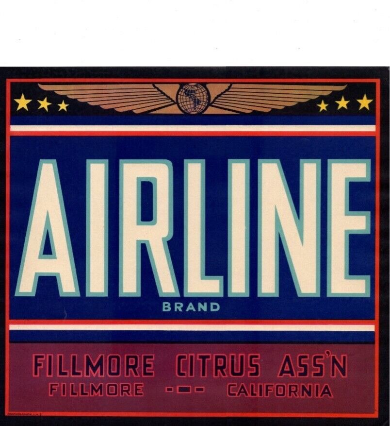 AIRLINE BRAND VINTAGE FILLMORE CALIFORNIA ORANGE CRATE LABEL 1940s