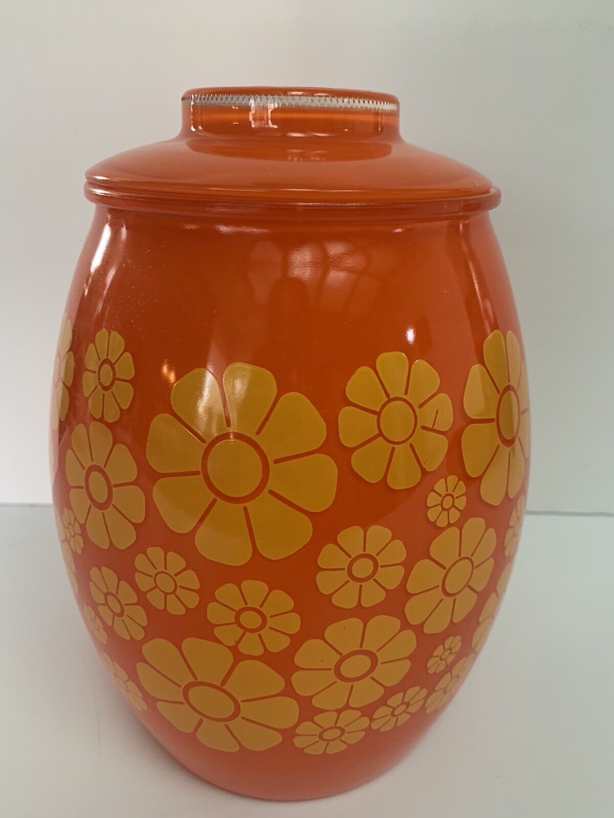 Vintage Midcentury Bartlett Collins Glass Cookie Jar Orange with Yellow Daisies