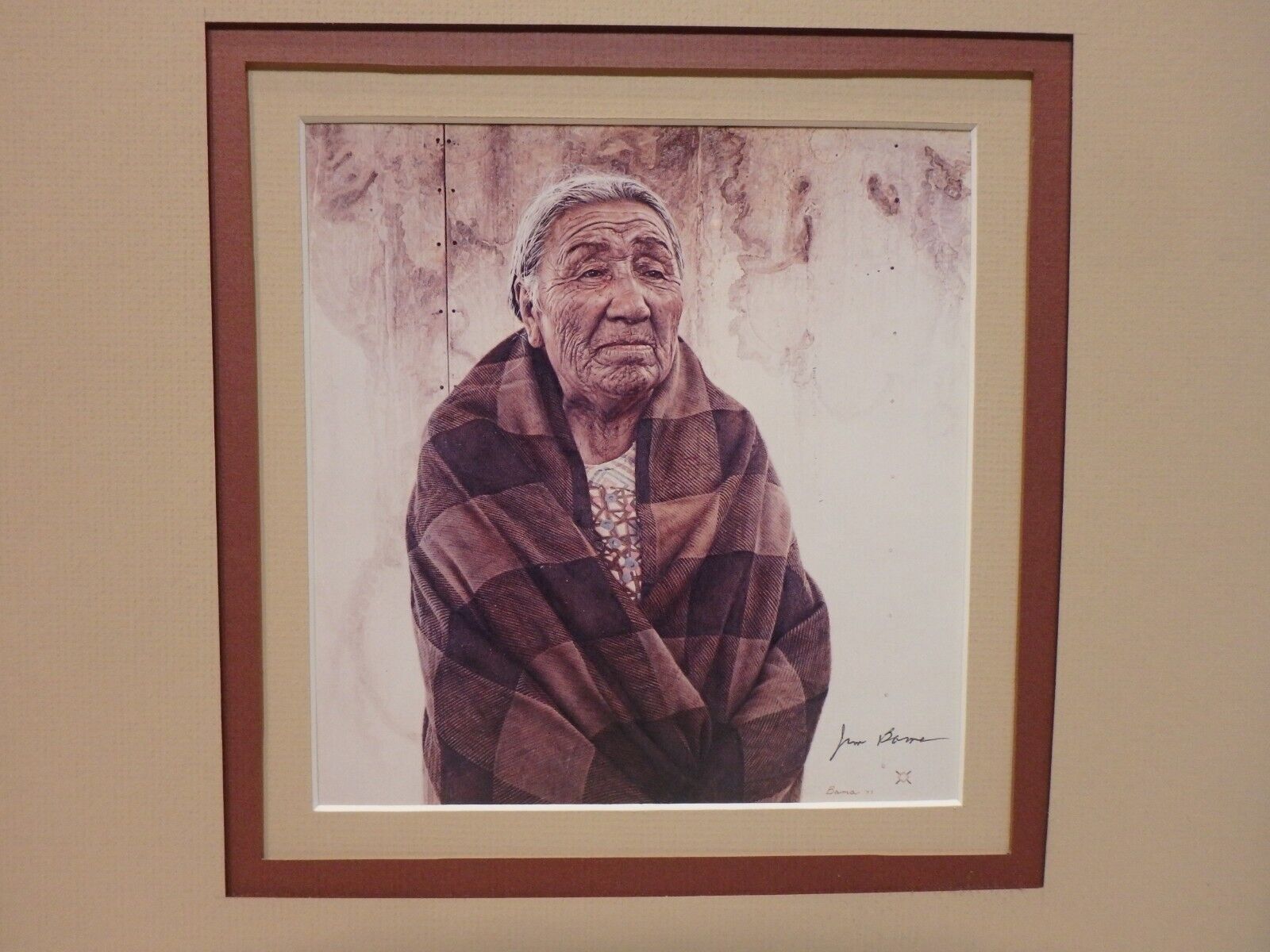 VINTAGE 1977 JAMES BAMA HAND SIGNED AMERICAN INDIAN ELDER WOMAN PRINT