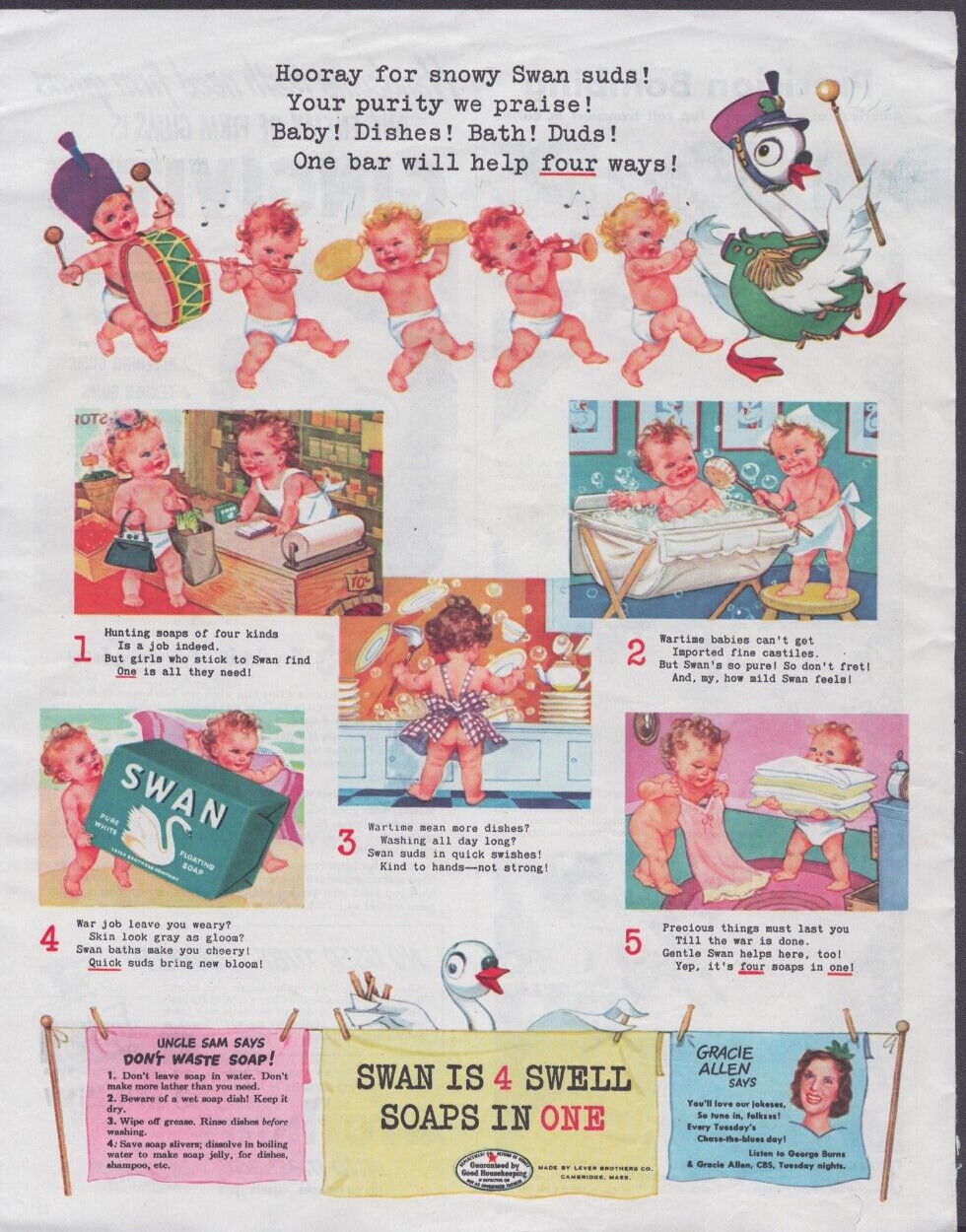 1944 Print Ad Swan Soap Marching Babies Illustration Gracie  WWII Home Front