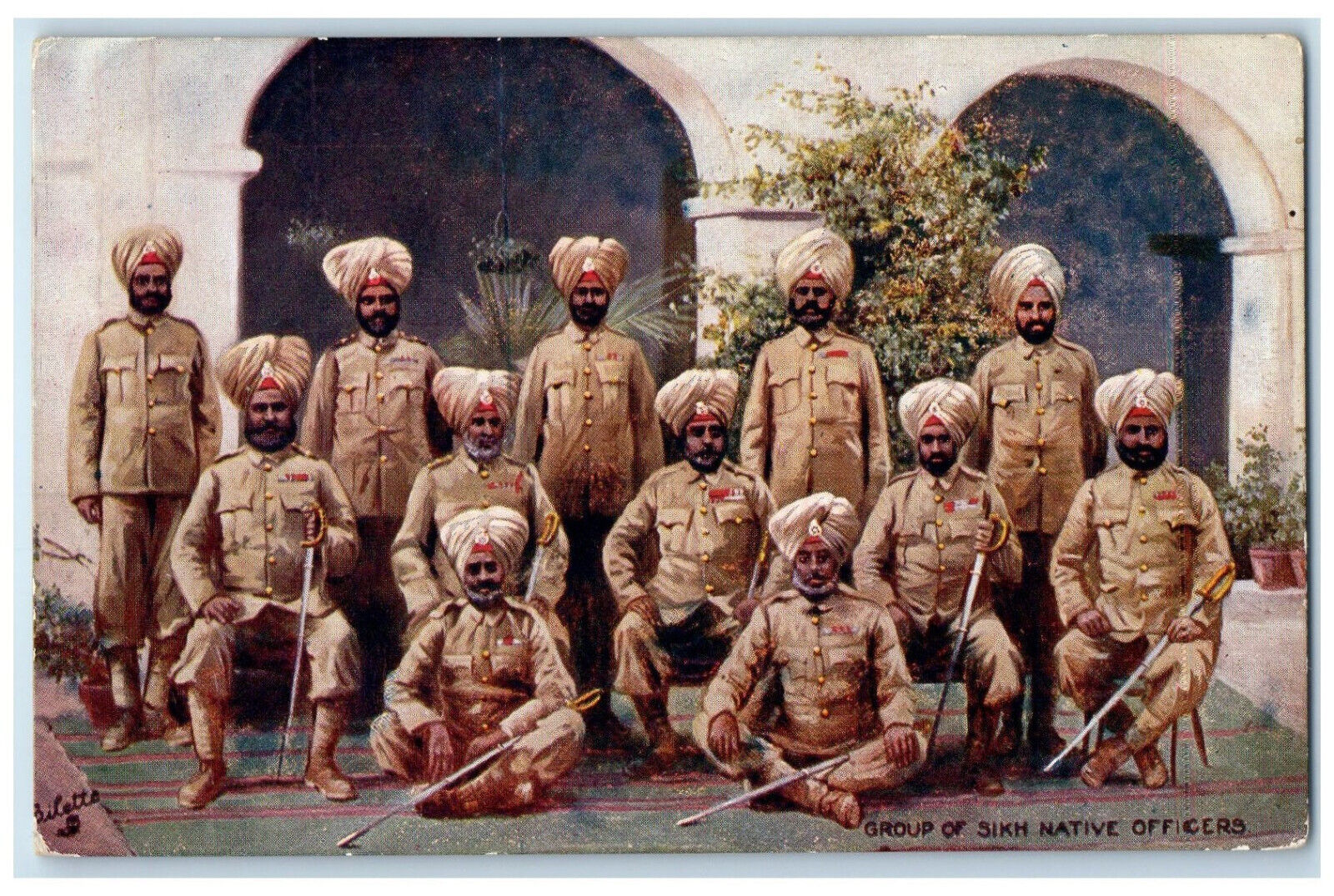 c1910 Group of Sikh Native Officers Indian Army Oilette Tuck Art Postcard