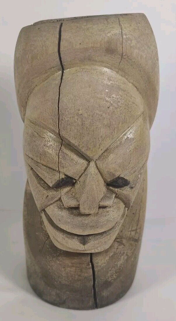 Carved Wooden Totem Face Carving Unsigned Vintage Antique Used See Pictures