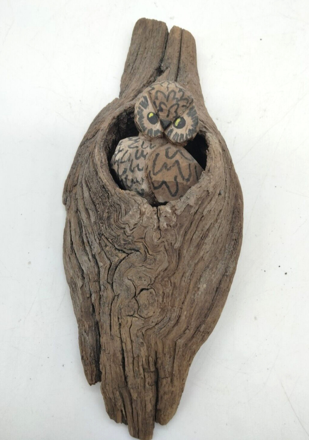 Hand Carved Folk Art Wooden Owl Sitting in Tree Knot Wall Hanging Signed R.W.