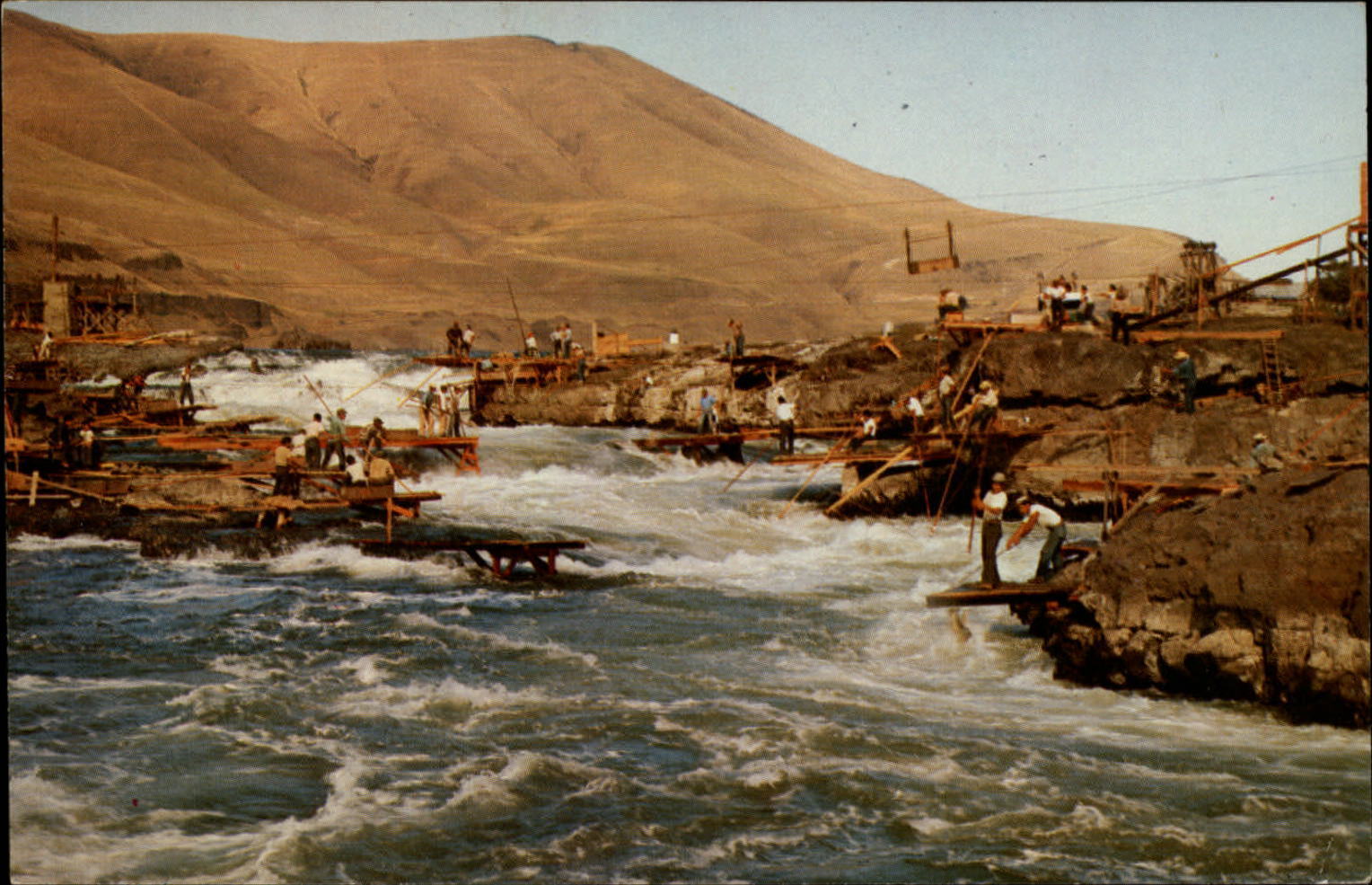 Old Celilo Falls Oregon Indians fishing from Dalles Dam backwater 1950s postcard