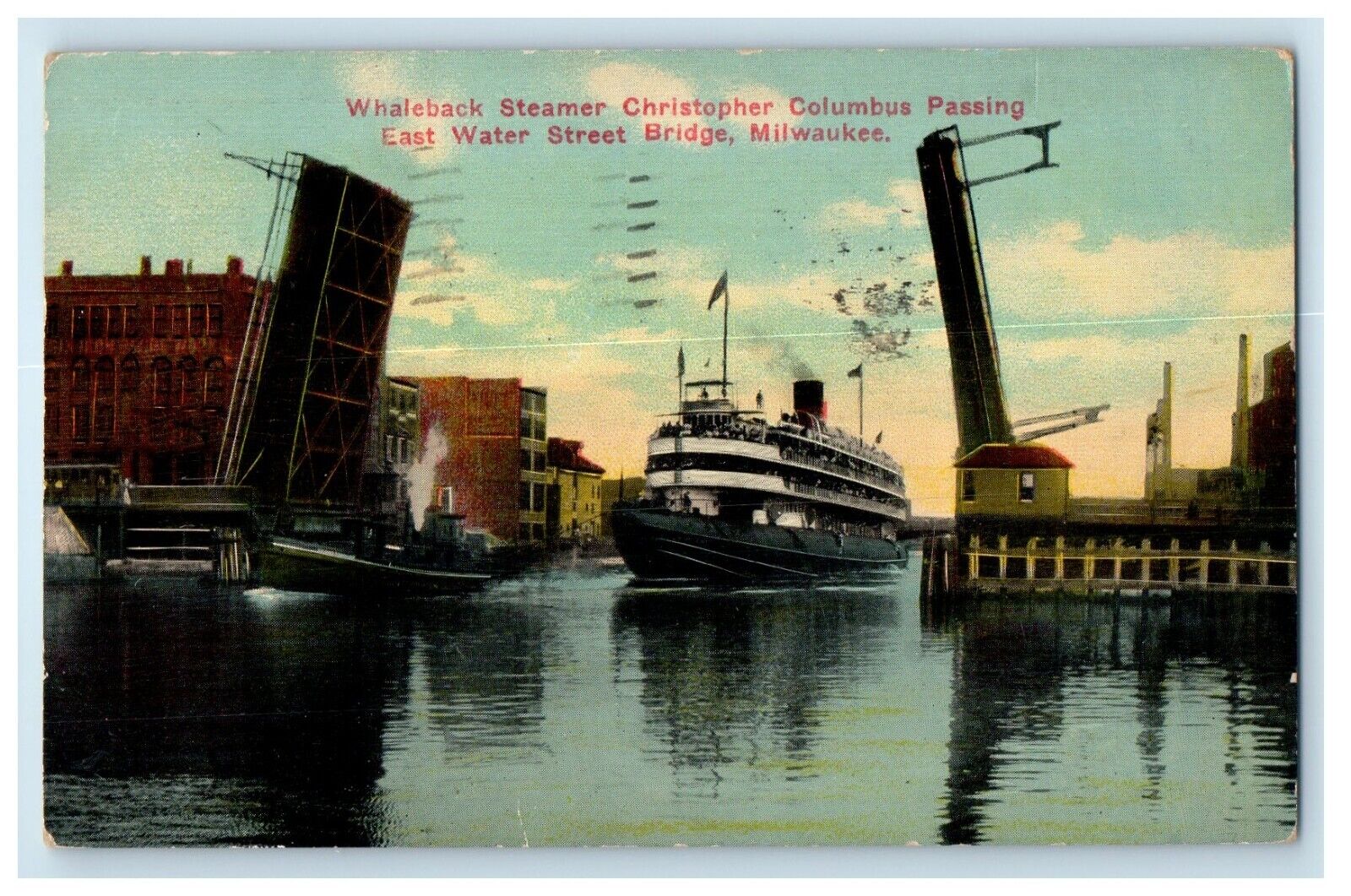 1916 Whaleback Steamer Christopher Columbus Passing Milwaukee WI Bridge Postcard