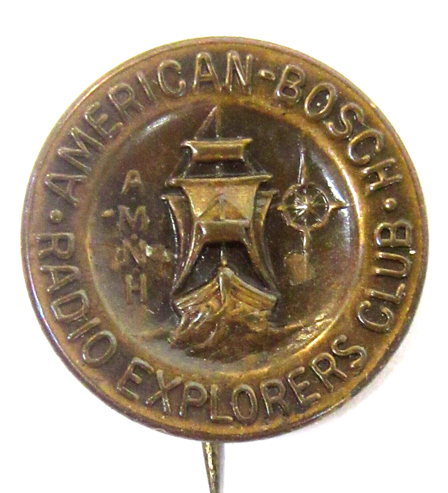 1934 AMNH BOSCH RADIO EXPLORERS CLUB metal lapel badge pinback button ^