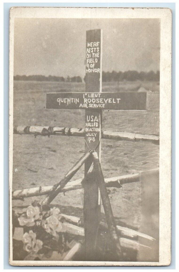 1918 WWI AEF US Quentin Roosevelt KIA Cross Grave France RPPC Photo Postcard