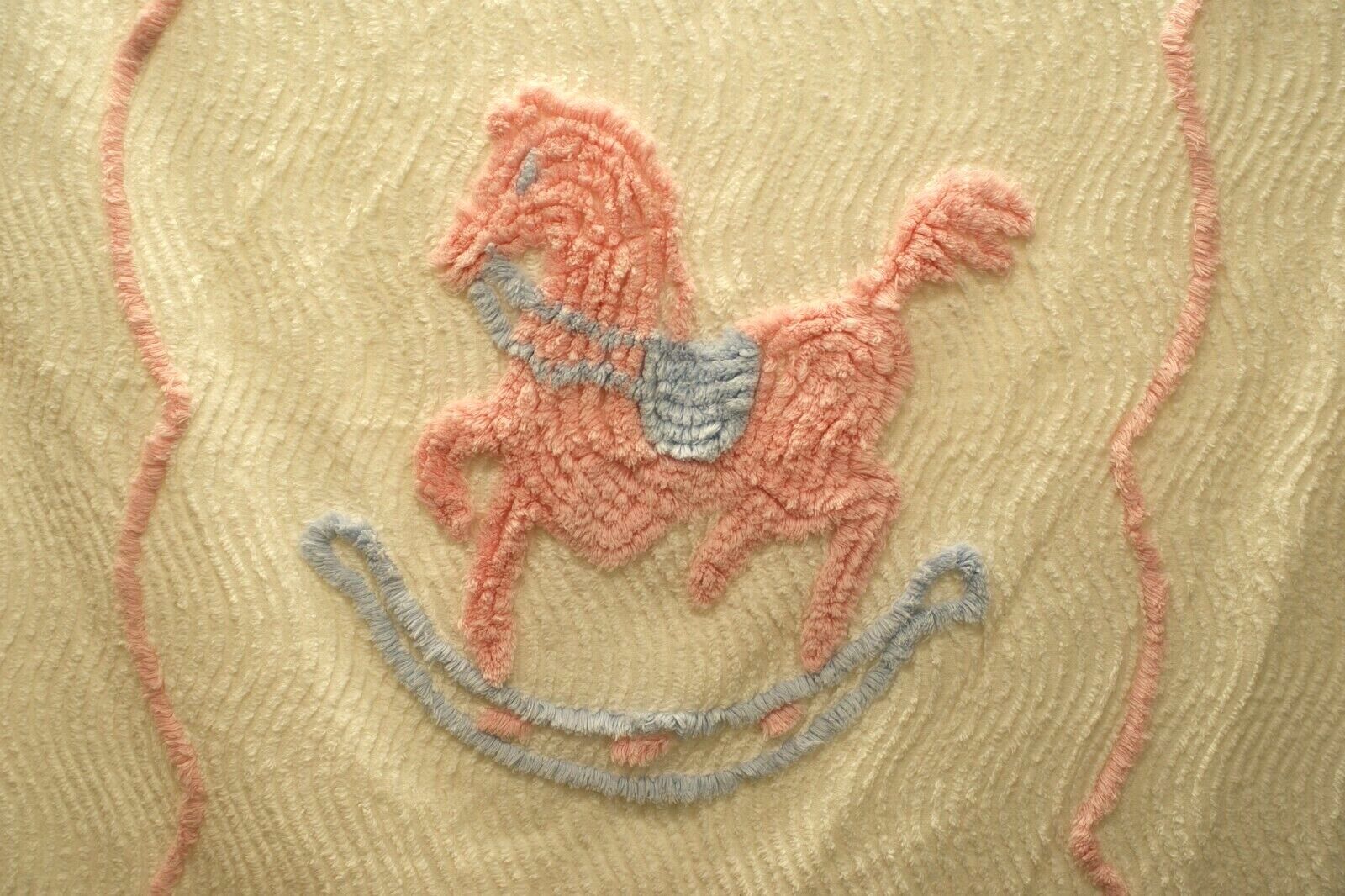 BQ#9, Vintage Chenille Crib Blanket, Pink Rocking Horse, 38 X 56 in.