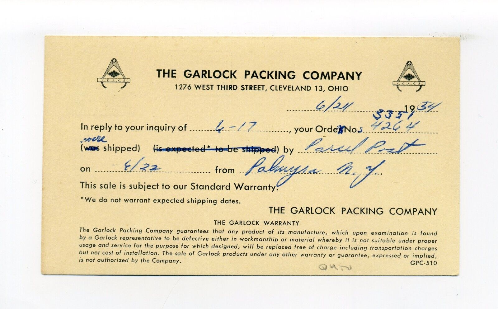 Palmyra NY, Cleveland OH, 1954 business postcard, Garlock Packing Co. Nice logo