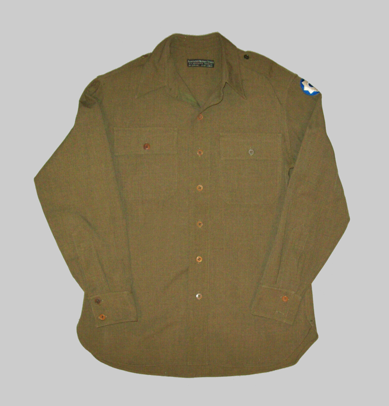Old Vtg WWII 1940s US Army Shirt Olive Drab Wool With 8th Service Command Patch