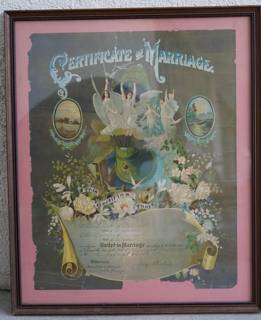 1911 Victorian Ephemera Certificate Of Marriage Framed Wedding