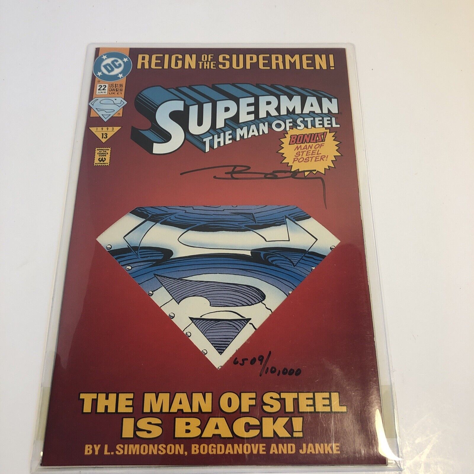 Superman The Man Of Steel #22 1993 Signed With C0A 6509/10000 Jon Bogdanove