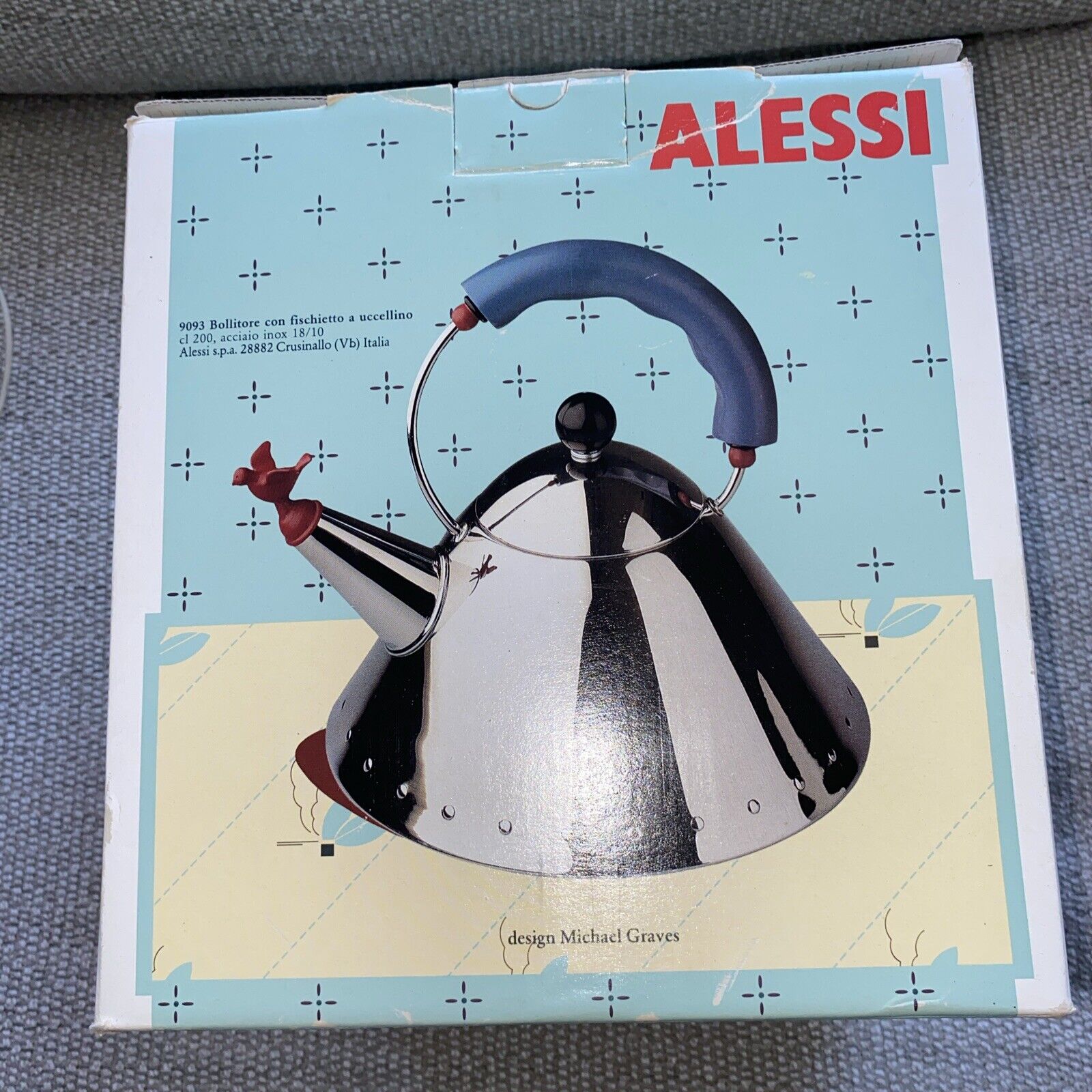 Alessi Michael Graves Kettle w Bird Whistle, Blue Handle 9093 Stainless Box 2qt