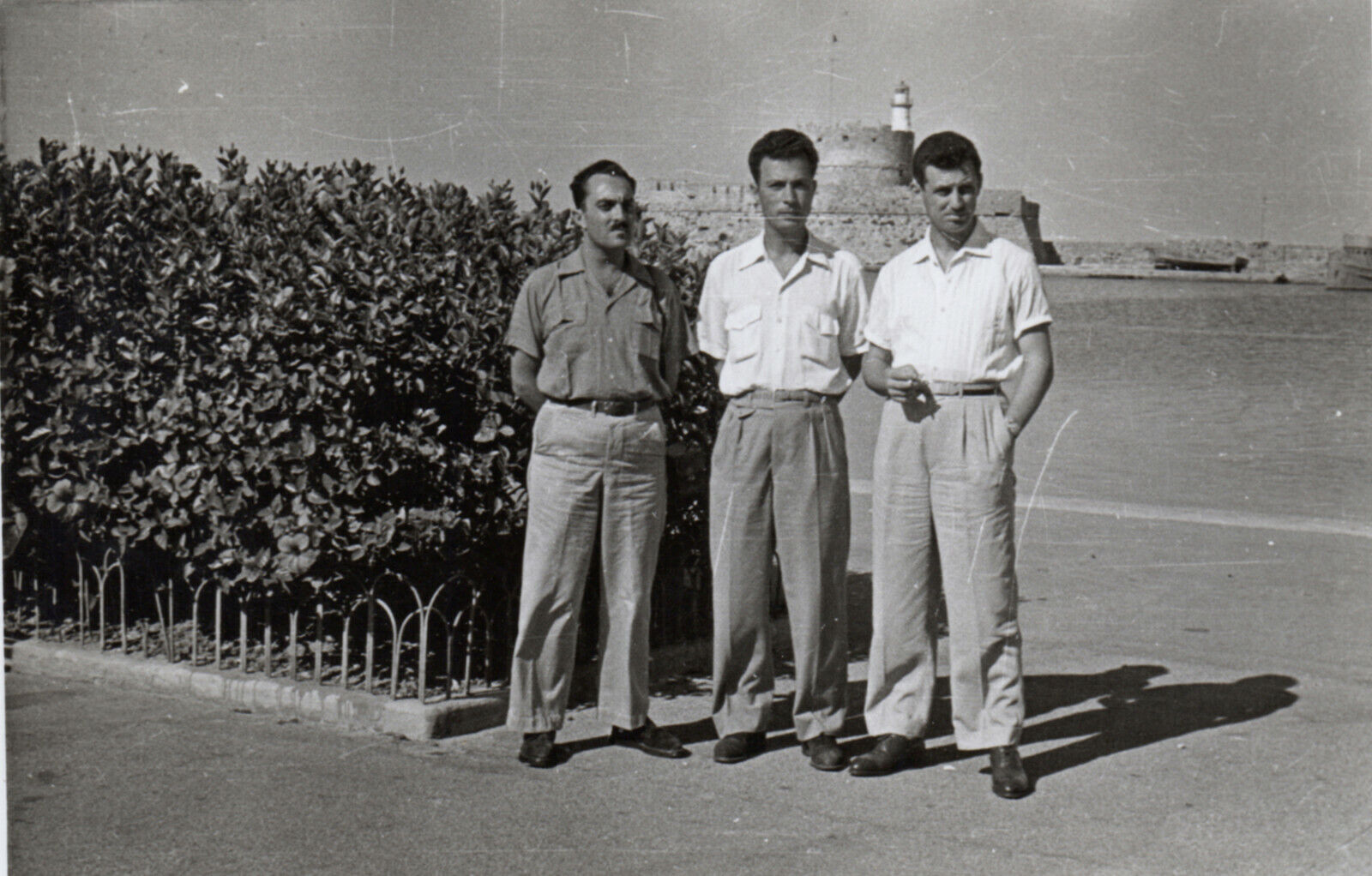 #38003 RHODES Greece 5.8.1955. Three men. Photo PC size RPPC