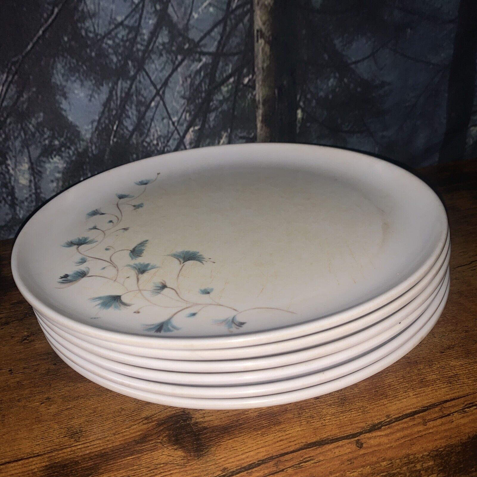 Vintage Kenro Melmac Plates White with Blue Flowers Set of 6-9 ¾” Across