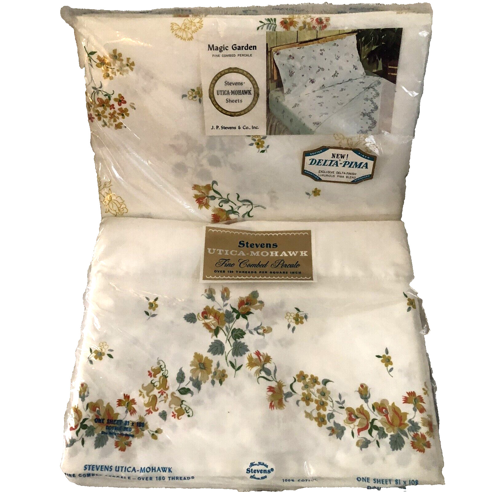 Vintage Stevens Utica-Mohawk Flowers Percale Double Bed Sheet Set - Top & Bottom