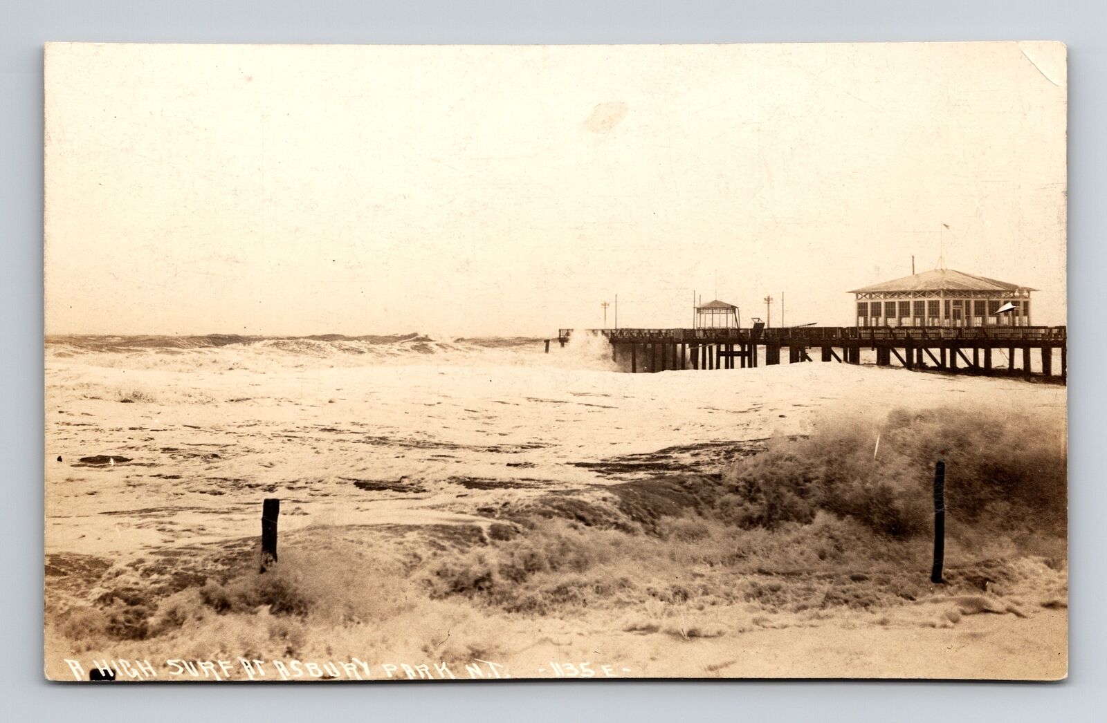 Asbury Park NJ-New Jersey RPPC, High Surf Beach Pier, Real Photo c1910 Postcard