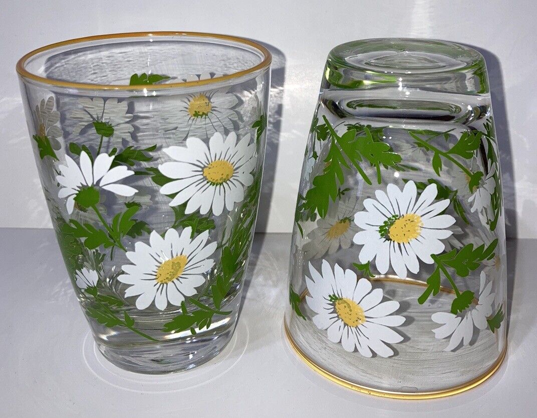 Set of 2 Vintage LIBBEY White & Yellow Daisy Juice Glasses, MCM ~ Ex Condition