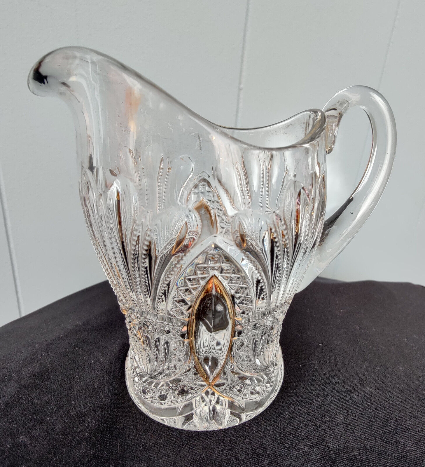 Antique Heisey Glass Creamer/Pitcher~c1902~Prince of Wales Plumes Gold Trim~EAPG