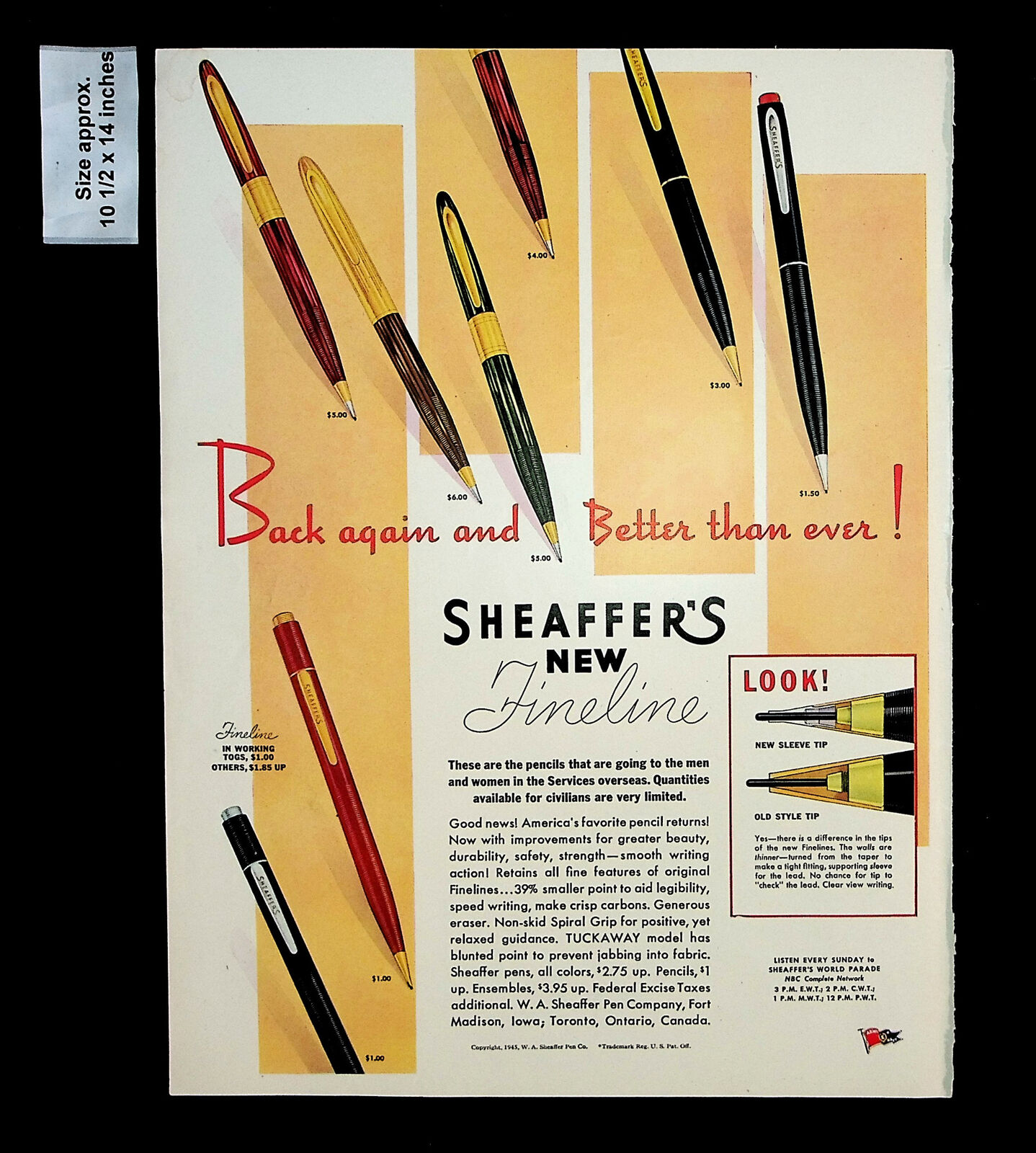 1945 Sheaffer\'s New Fineline Pen Pencils Tuckaway Model Vintage Print Ad 34127
