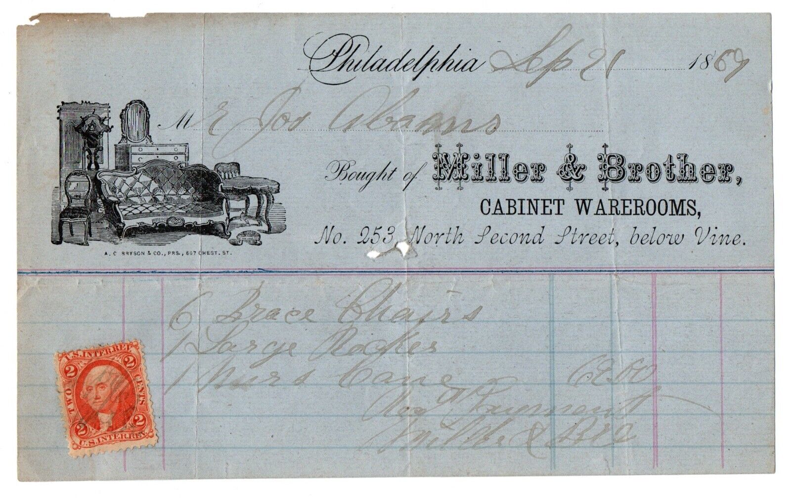 Antique Letterhead Philadelphia 1867 Cabinet Warerooms , Miller & Bro Tax Stamp