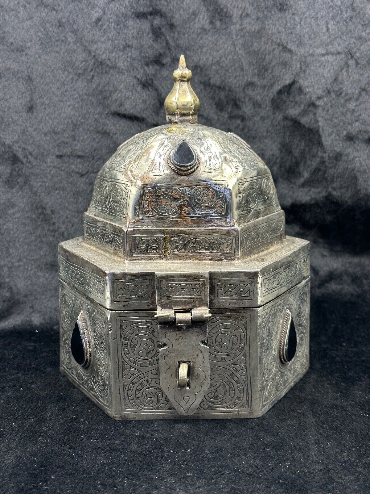 Antique Islamic Silver Plated Khorasan Box With Black Agate Stone Beautiful Art