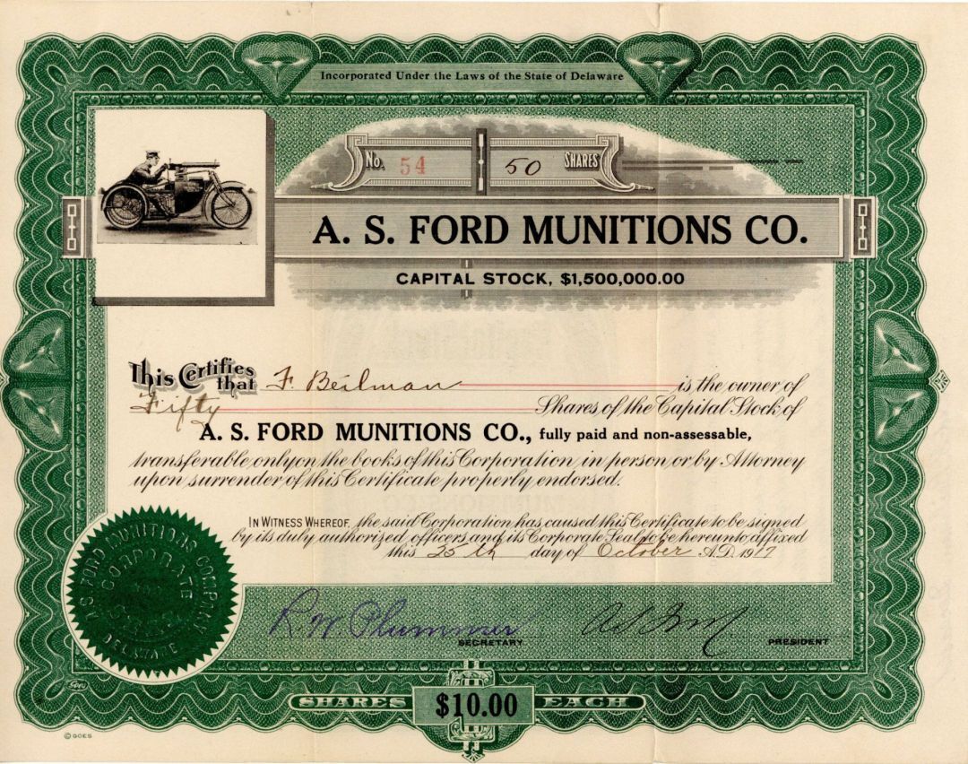 A.S. Ford Munitions Co. - 1917 Automotive Stock Certificate - Automotive Stocks