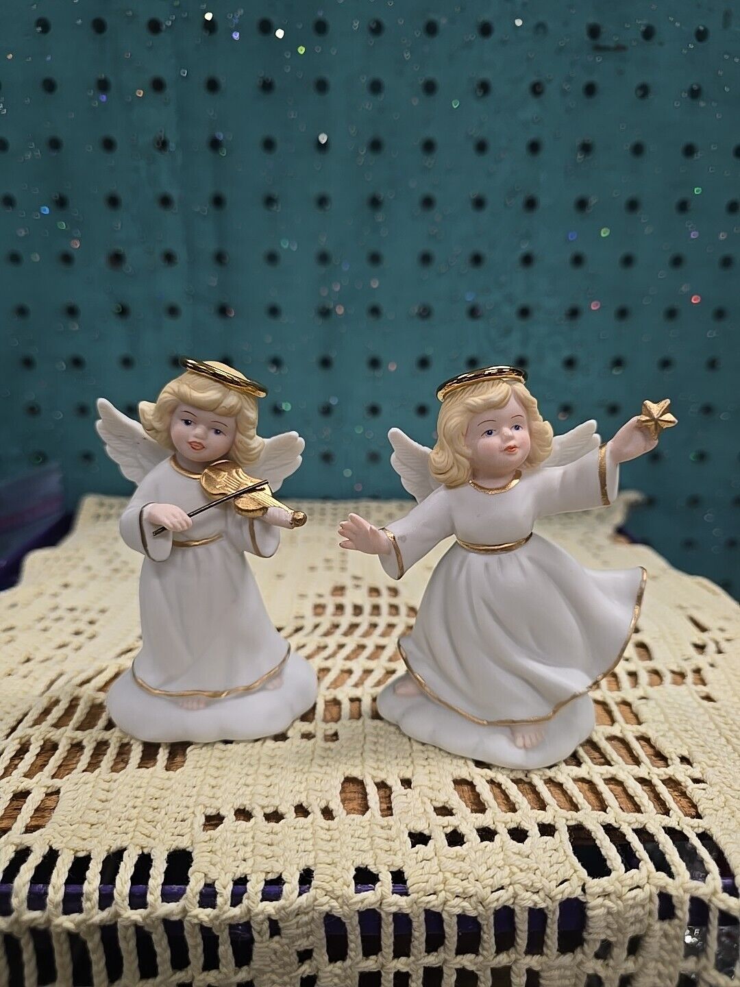 Two Vtg Bronson Golden Halos Angel Figurines, Celestial Celia, Magical Melody