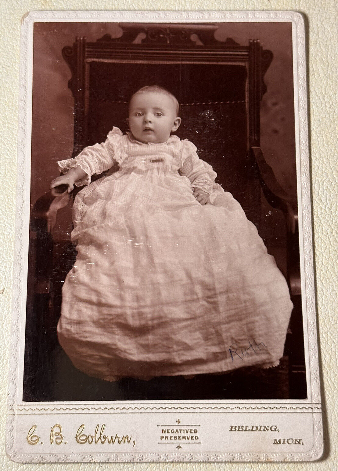 Antique Cabinet Card Photo Baby In Long Dress -Colburn- Belting, Mich. ‘Ruth’