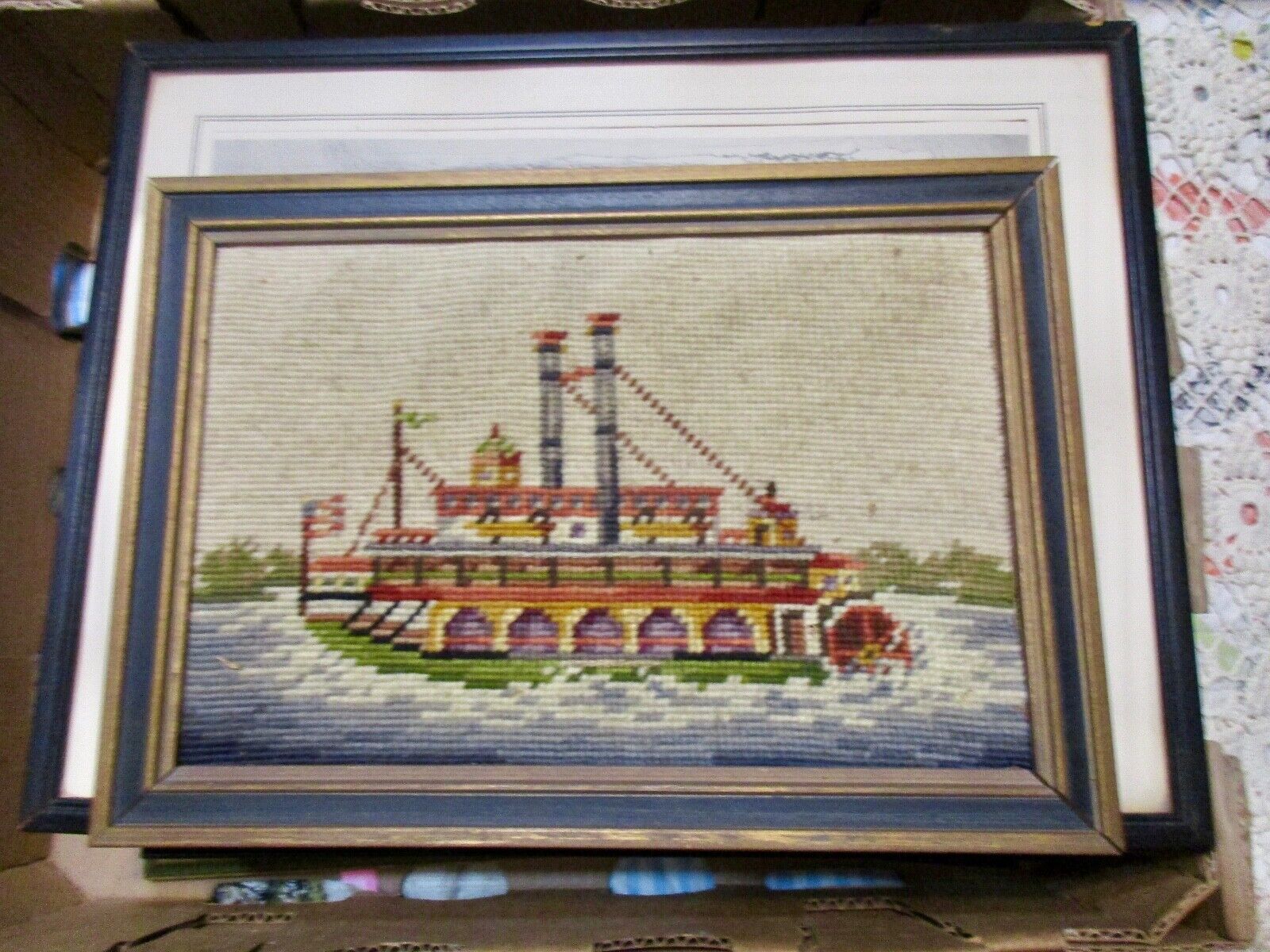 19TH CENTURY CLOTH EMBROIDERED STEAM BOAT FRAMED 10 X14\