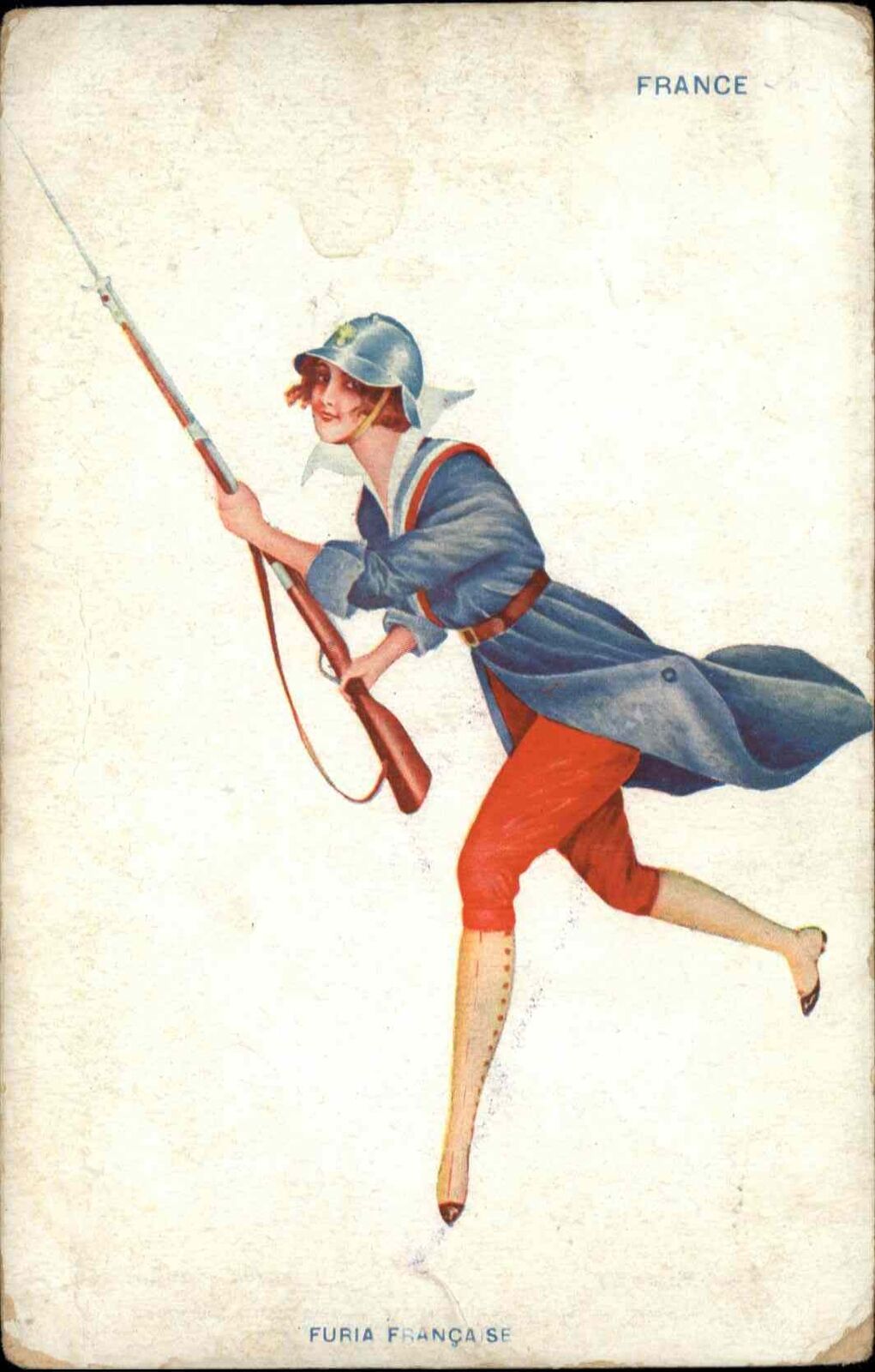 WWI France Art Deco French Woman Soldier with Rifle Vintage Postcard