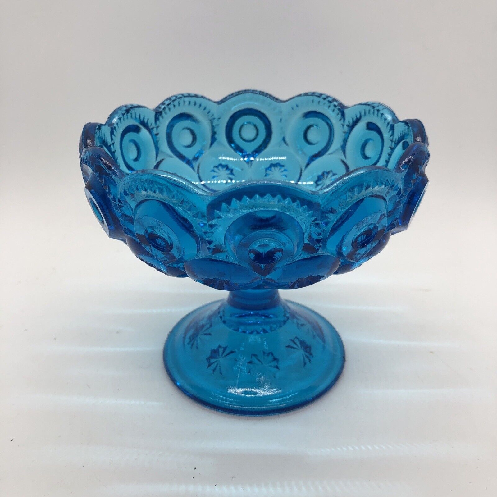 L.E. Smith Moon And Stars Blue Open Compote Bowl 4” Pedestal Dessert Candy