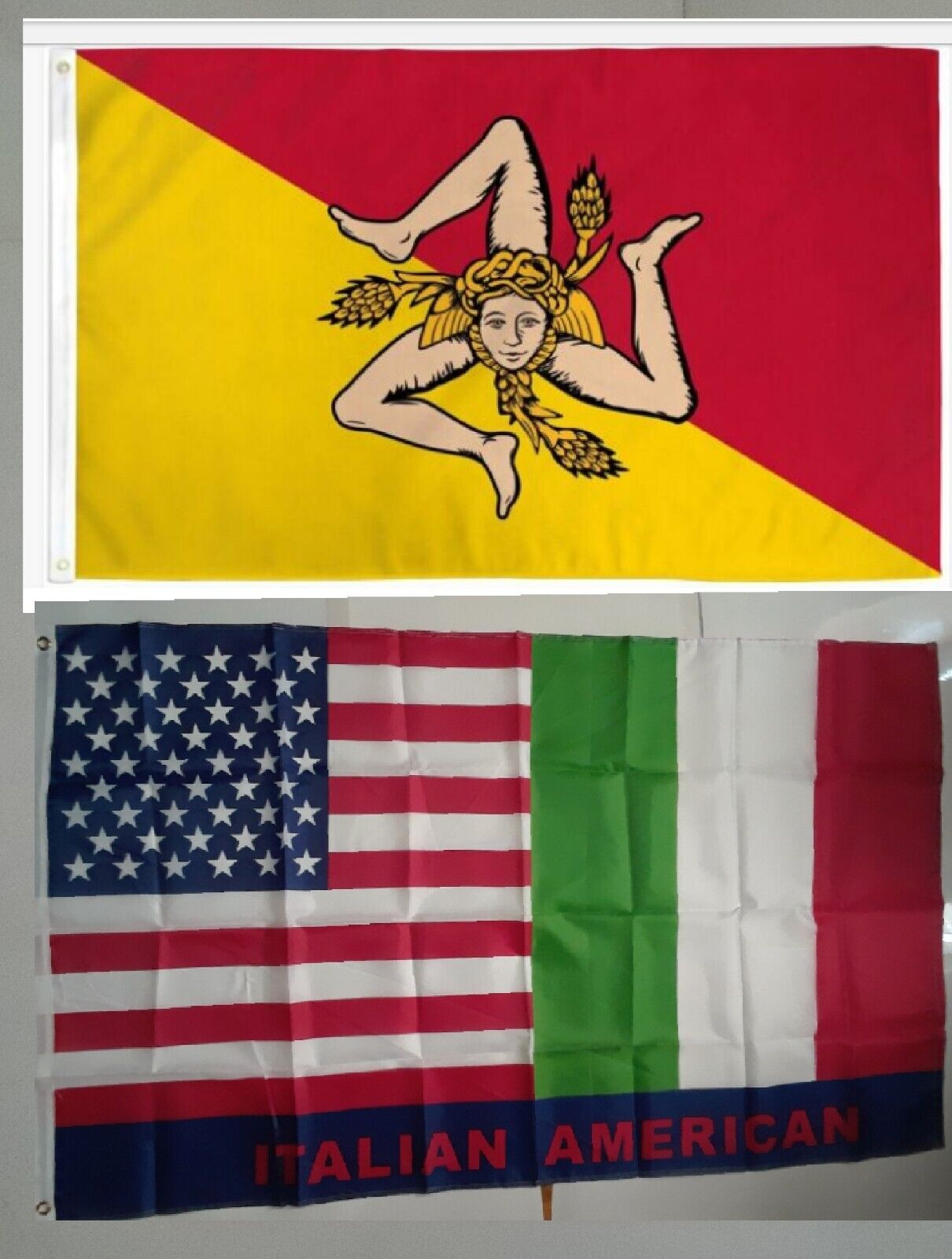 2 FLAGS: SICILIAN FLAG + ITALIAN-AMERICAN FLAG (3X5 FT) $25