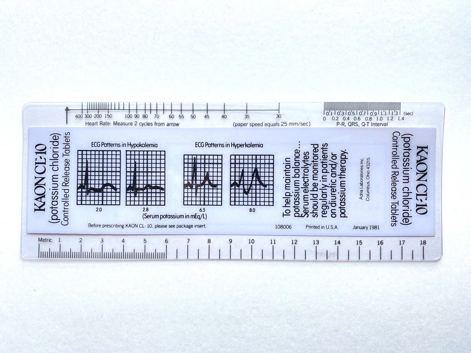 1981 KAON CL-10 Tablets Ruler Adria Labs Pharmaceutical Drug Advertising Swag