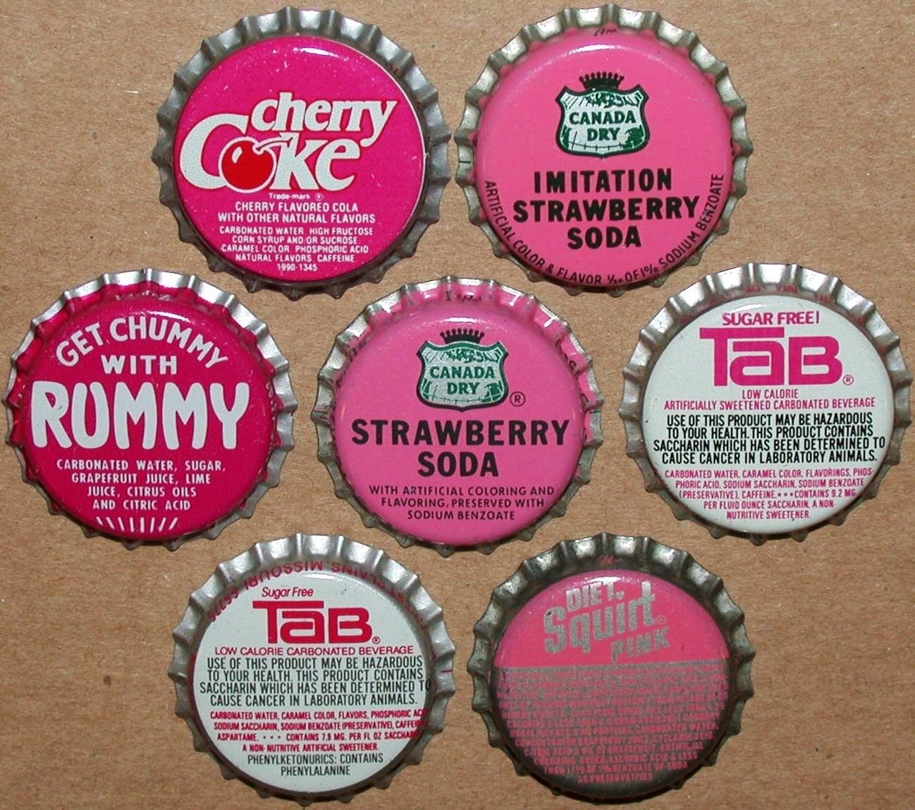 Vintage soda pop bottle caps PINK COLORS Lot of 7 different unused new old stock