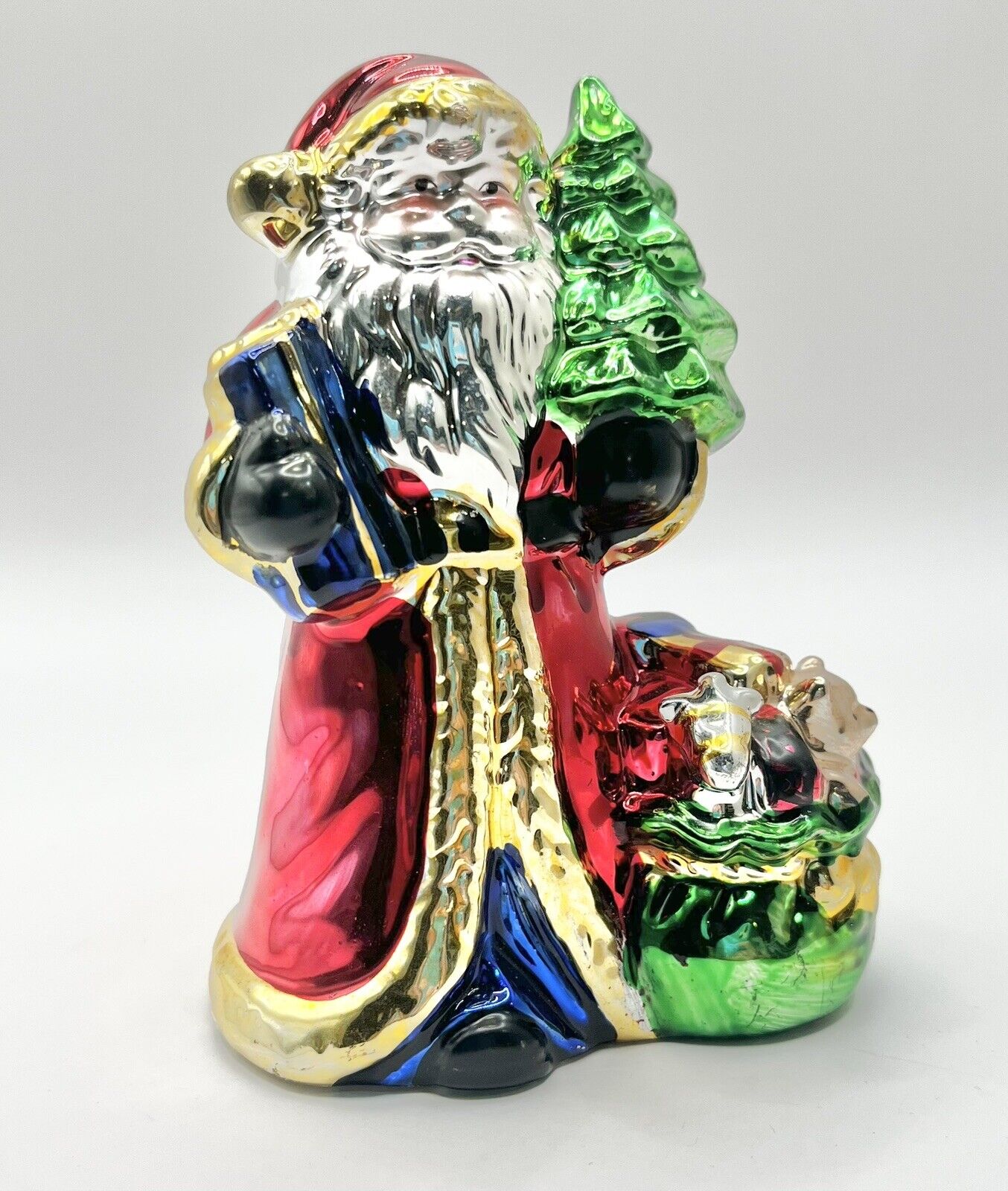 Vtg Dillards Metallic Santa Figurine Christmas Ornaments Santa Holding A Tree