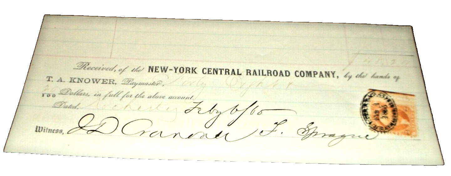 FEBRUARY 1865 NYC NEW YORK CENTRAL RAILROAD PAYMASTER RECEIPT ROCHESTER NEW YORK