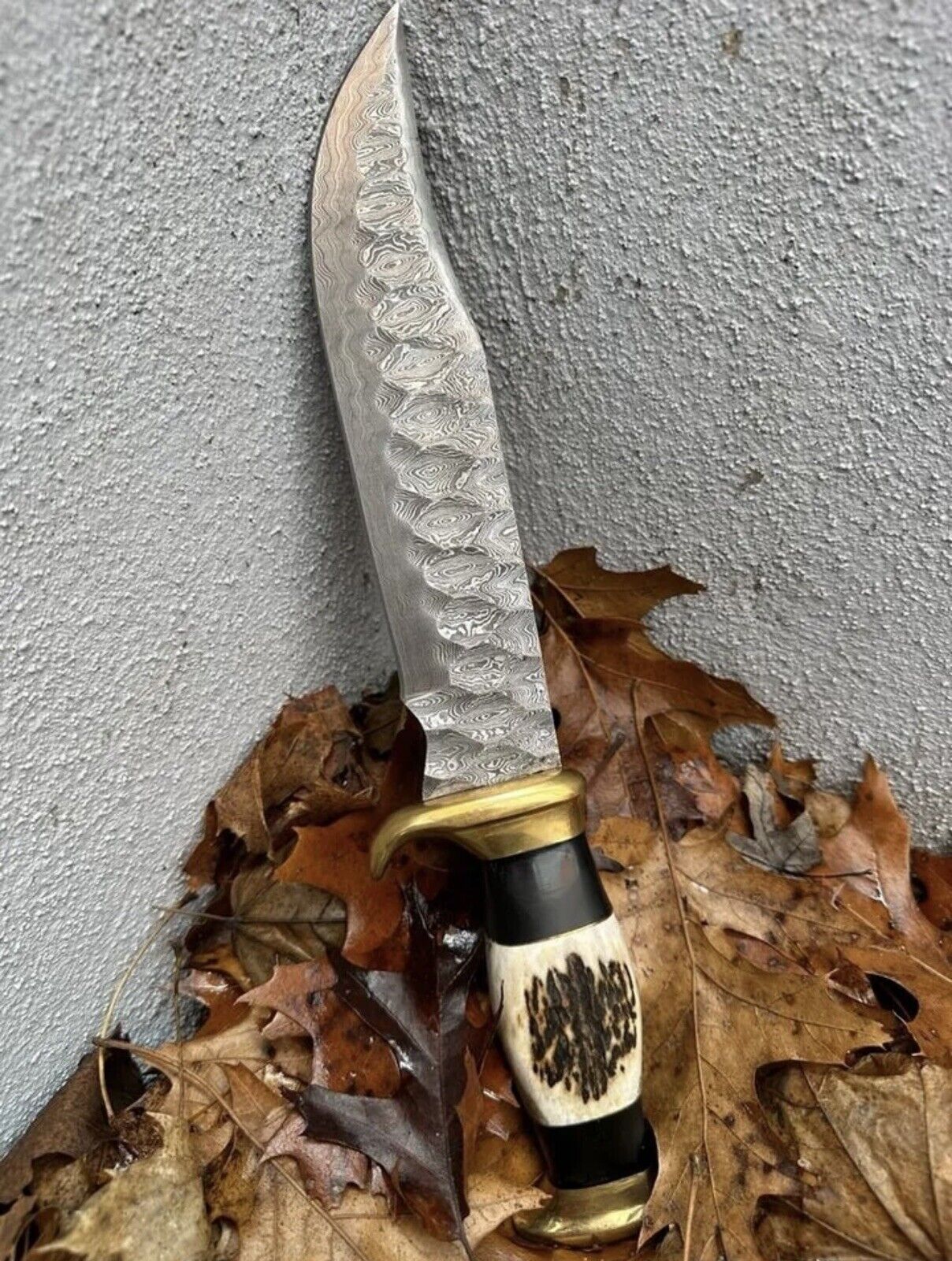 AB CUTLERY CUSTOM HANDMADE DAMASCUS BOWIE KNIFE HANDLE BY BRASS CLIP AND STAG