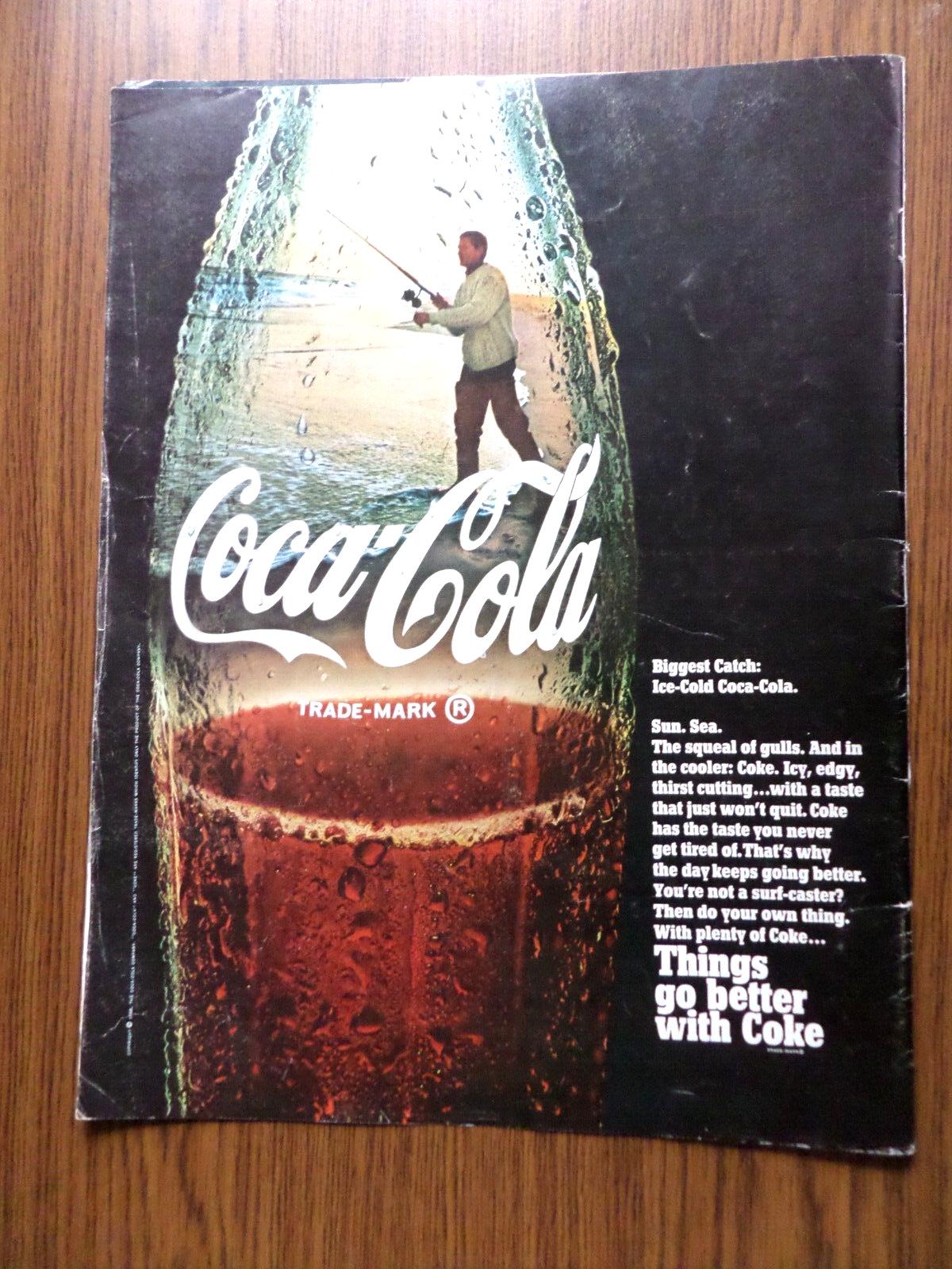 1968 Coke Coca-Cola Ad Surf Fishing in a Bottle