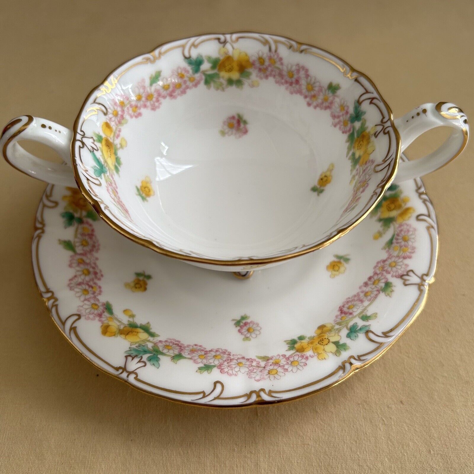 Antique Cauldon Teacup And Saucer Double Handle Pink Yellow Floral Pattern K8615