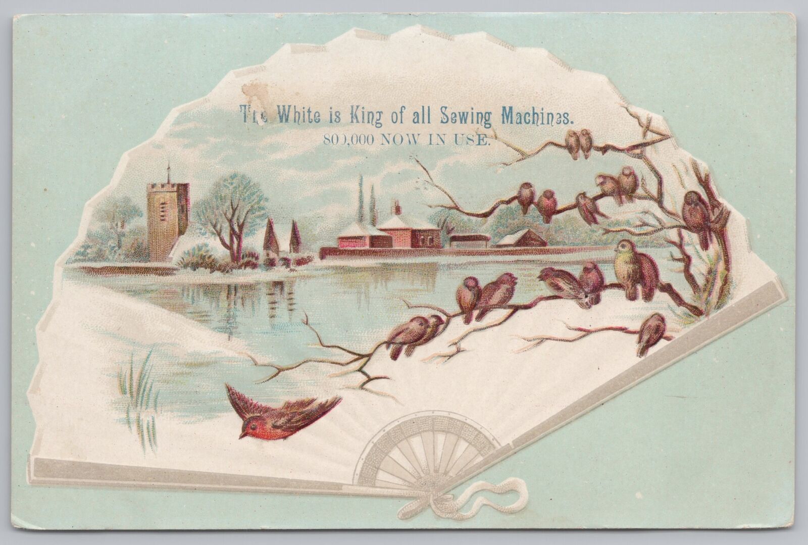 Greetings~Winter Town Scene & Birds On Tree Near Lake~Embossed~Vintage Postcard
