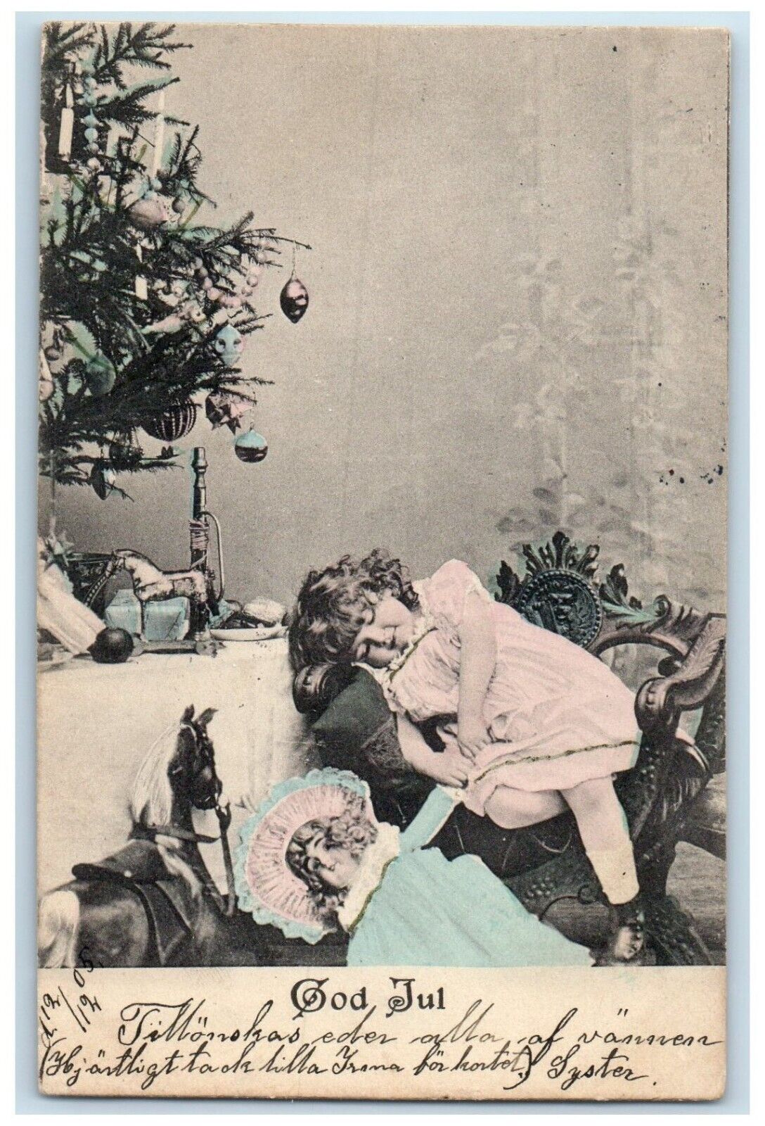 1905 Christmas God Jul Sweden Little Girl Sleeping Doll Horse Toy Postcard