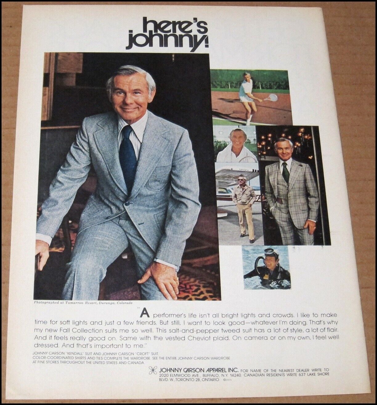 1975 Here\'s Johnny Carson Apparel Print Ad Advertisement Vintage 8.25\