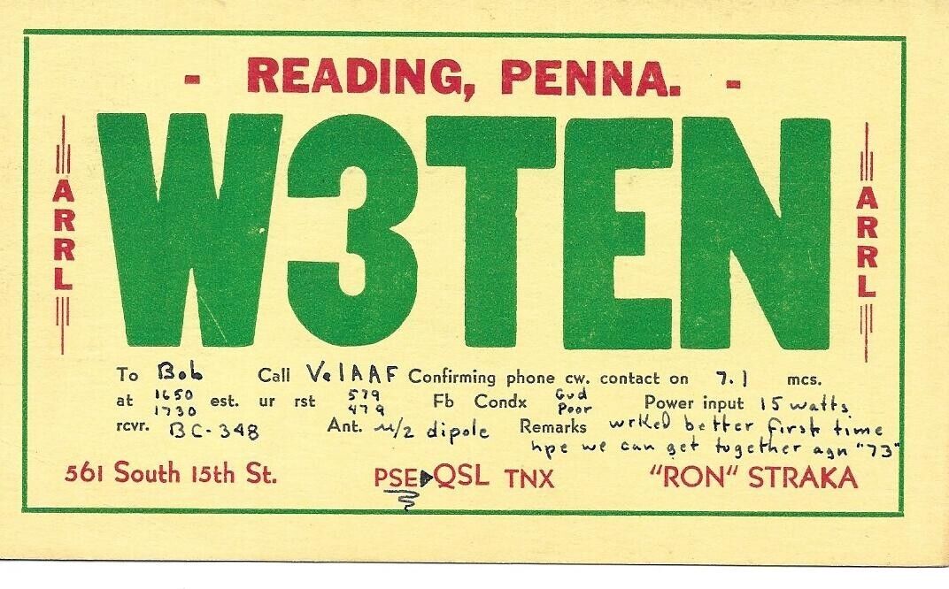 QSL  1953   Reading  PA  radio card