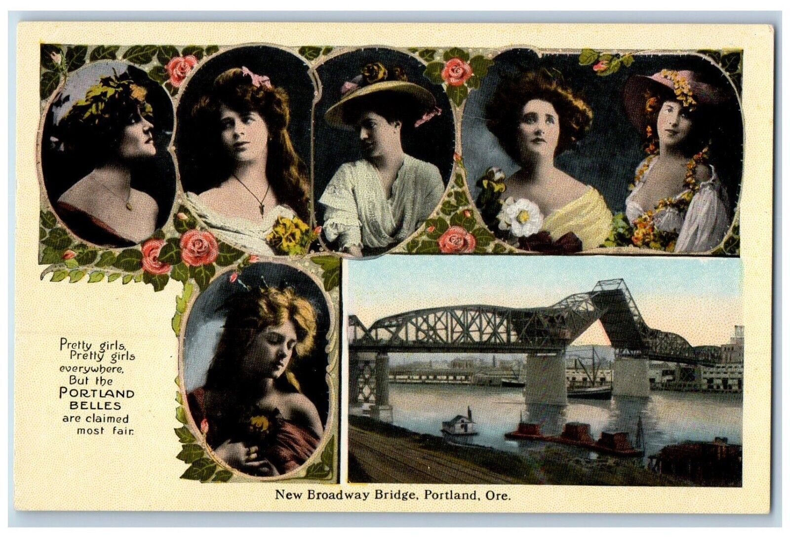 Portland Oregon OR Postcard New Broadway Bridge Pretty Girls c1930\'s Vintage