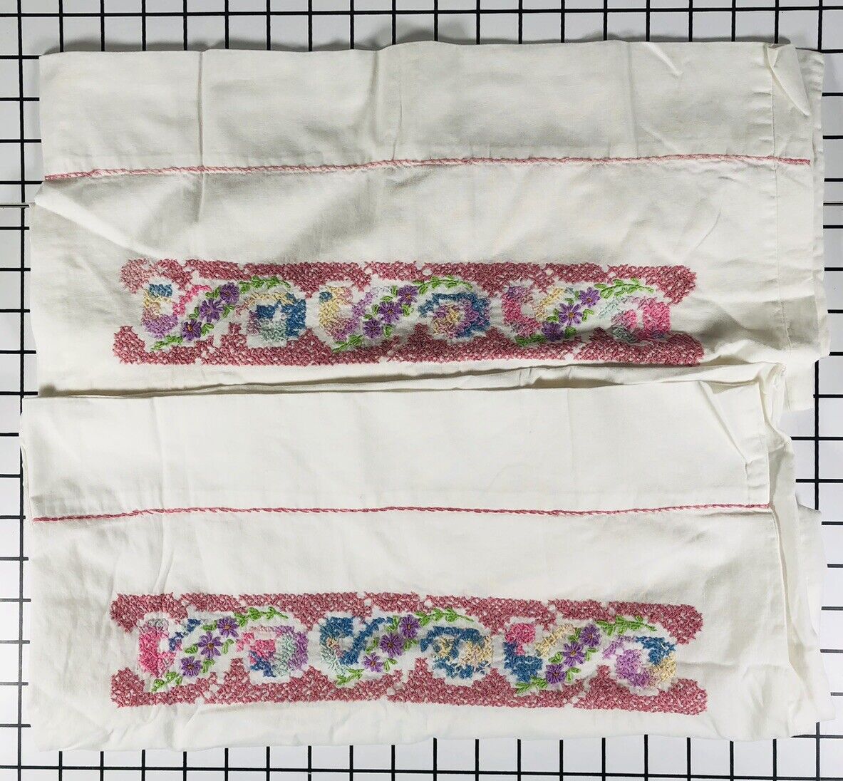 Vtg Embroidered Pillowcases Set 2 Hand Cross Stitch Floral